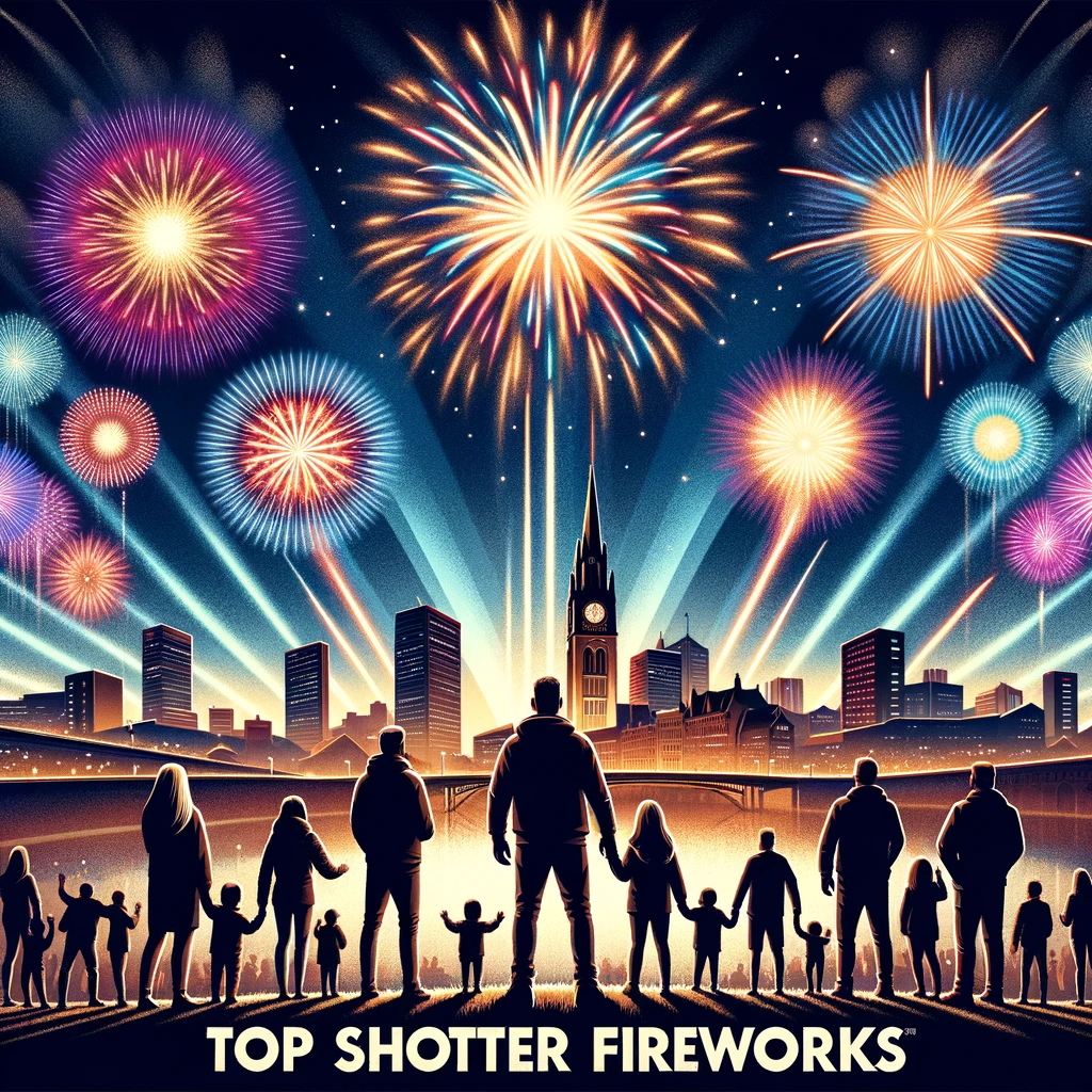 DALL·E 2023 12 11 18.25.37 Create a dynamic and eye catching promotional image for a fireworks brand named Top Shotter Fireworks based in Bradford. The image should feature a