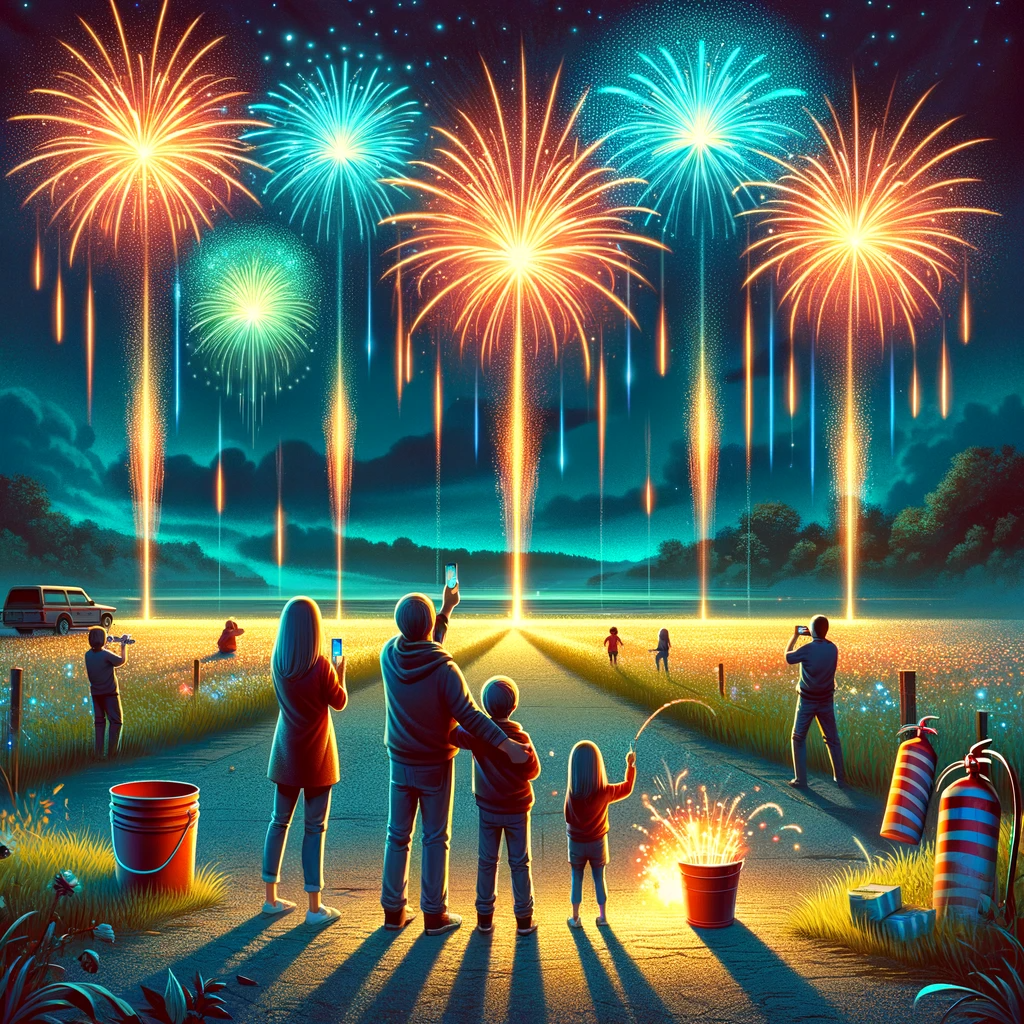DALL·E 2024 01 25 14.46.45 An image representing firework safety without text. The scene includes a family watching fireworks from a safe distance in an open field. The firework