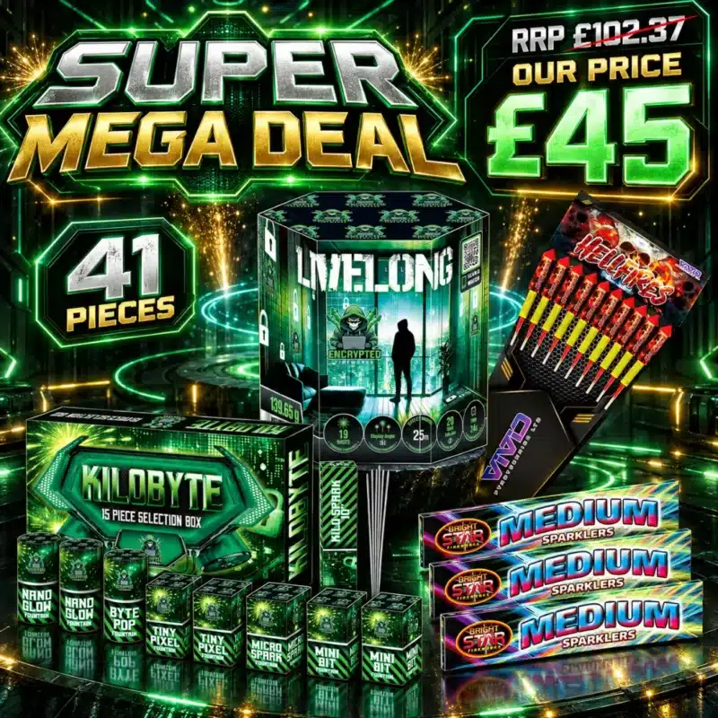 Firework bundle showing cheap fireworks super mega deal