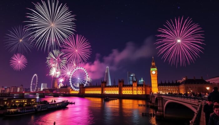 Skyline showing new years fireworks