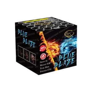 Blue Blaze 25-Shot 1.3G F2 Barrage by Gemstone Fireworks – new & improved 2025 effects with bigger blue bursts and golden crackling tails.