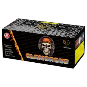 Clamorous 104 Shot F3 Compound Cake by Gemstone Fireworks – 1.3G high-powered firework with 30mm tubes, new for 2025.