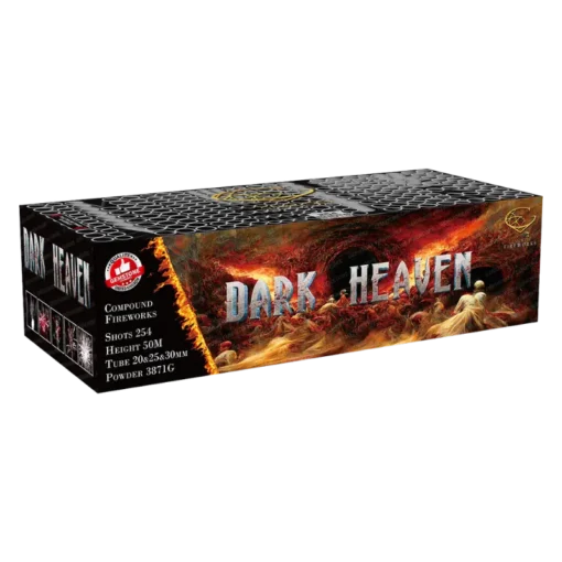 Dark Heaven 254-Shot 1.3G F3 Compound Cake by Gemstone Fireworks – new & improved 2025 effects with bigger bursts and an intense finale.