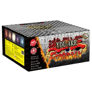 Forbidden 144-Shot 1.3G F3 Compound Cake by Gemstone Fireworks – new & improved 2025 effects with bigger bursts and a stunning finale.