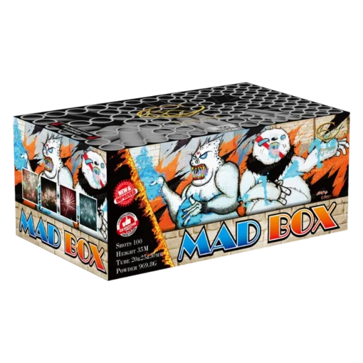 Mad Box 100-Shot 1.3G Barrage by Gemstone Fireworks – new & improved 2025 effects with vibrant colors and intense bursts.