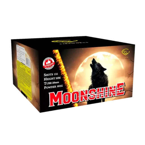 Moonshine 121 Shot F3 Barrage by Gemstone Fireworks – a powerful 1.3G firework inspired by the howl of the wolf, new for 2025.