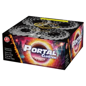 Portal Cluster 116 Shot F3 Compound Cake by Gemstone Fireworks – a futuristic vortex firework with 1.3G power and 30mm tubes, new for 2025.