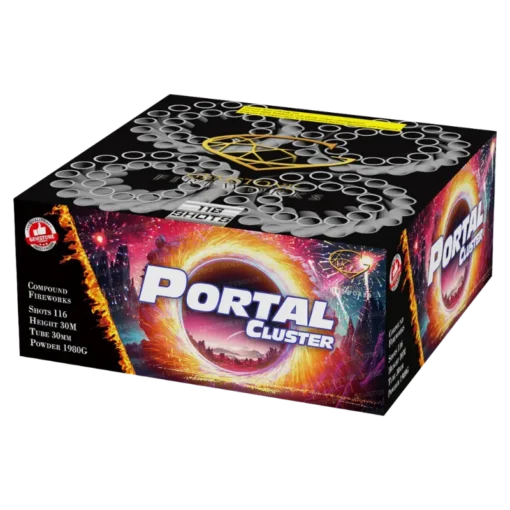 Portal Cluster 116 Shot F3 Compound Cake by Gemstone Fireworks – a futuristic vortex firework with 1.3G power and 30mm tubes, new for 2025.