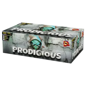 Prodigious 210 Shot F3 Compound Cake by Black Scorpion Fireworks – 1.3G high-powered firework with 25mm & 30mm tubes, new for 2025.