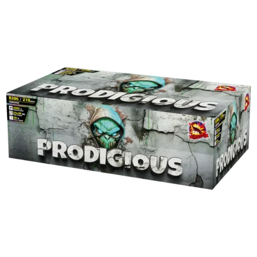 Prodigious 210 Shot F3 Compound Cake by Black Scorpion Fireworks – 1.3G high-powered firework with 25mm & 30mm tubes, new for 2025.