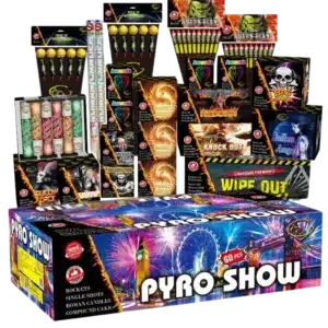 Pyro Show Crate 2025 – 60-Piece 1.3G Firework Display Pack by Gemstone Fireworks, featuring rockets, cakes, and roman candles