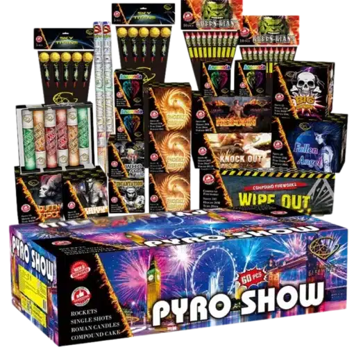 Pyro Show Crate 2025 – 60-Piece 1.3G Firework Display Pack by Gemstone Fireworks, featuring rockets, cakes, and roman candles