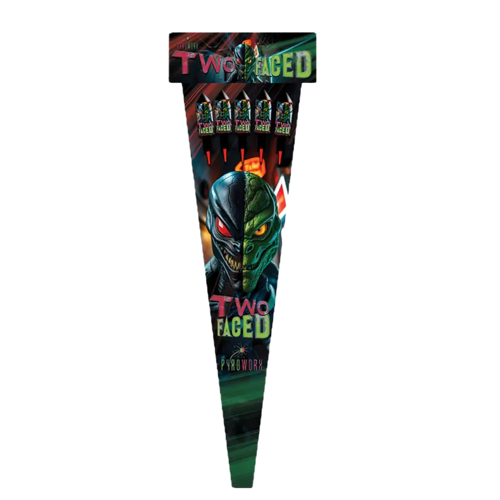Two Faced Rockets By Pyroworx 50mm firework rockets packaging